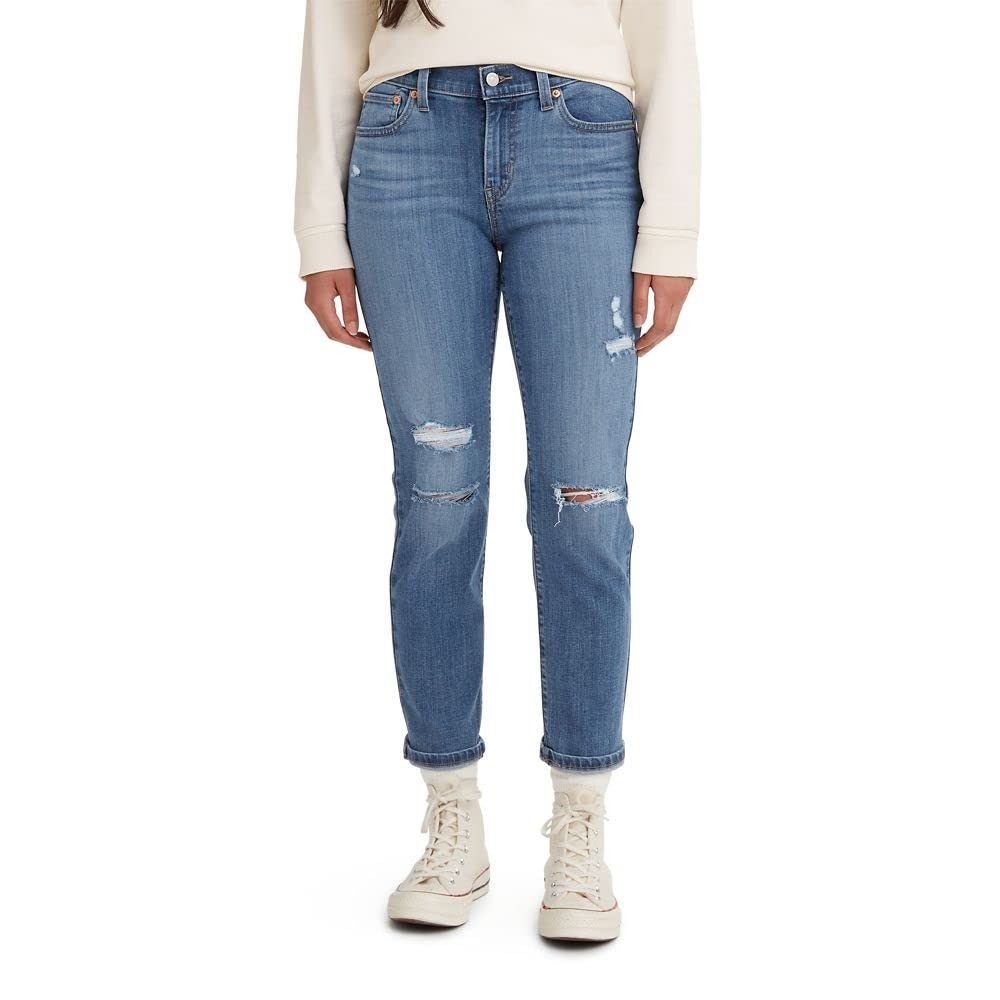 NWOT Levis Womens Boyfriend Jeans Dark Indigo Worn In Distressed Denim‎ 29x27